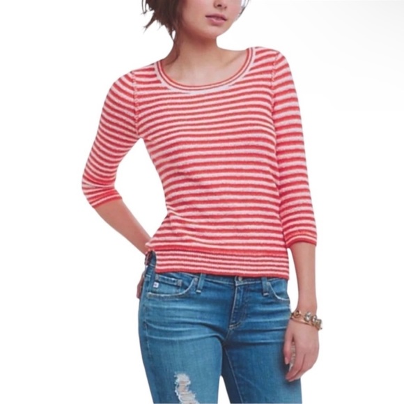 Anthropologie Nautical Top Small Striped 3/4 Sleeves Wide Neck Split Hem NWT - Picture 4 of 12